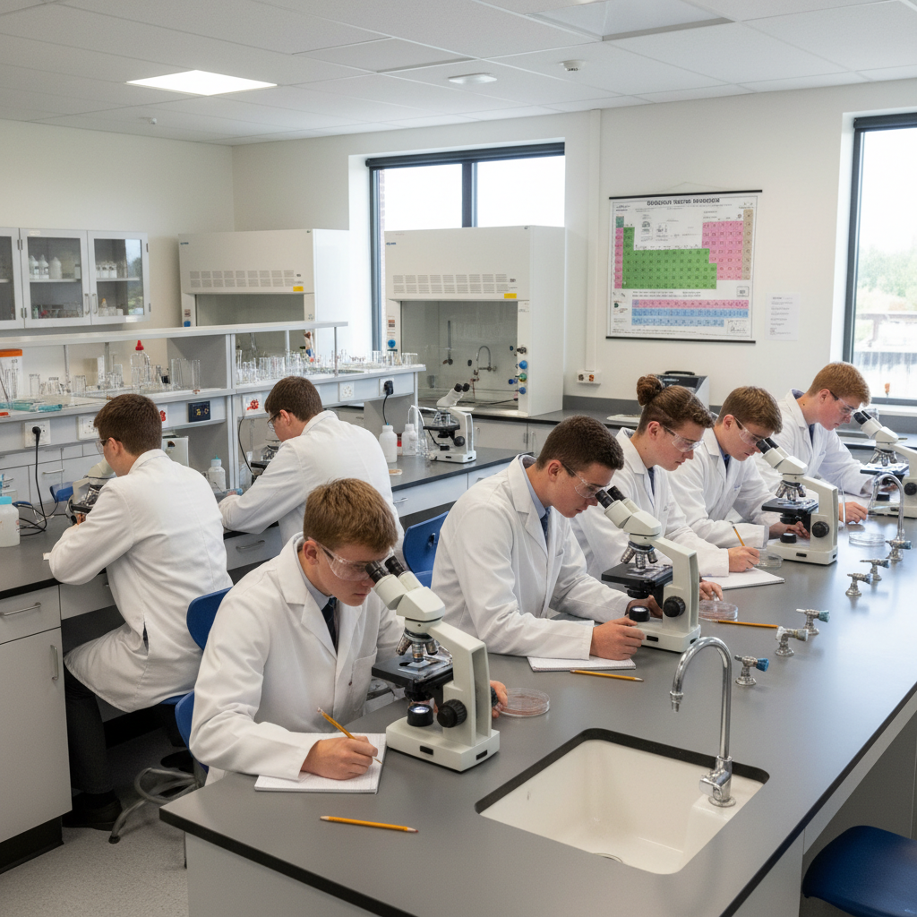 Grade 11 students conducting biology experiments in a school science lab