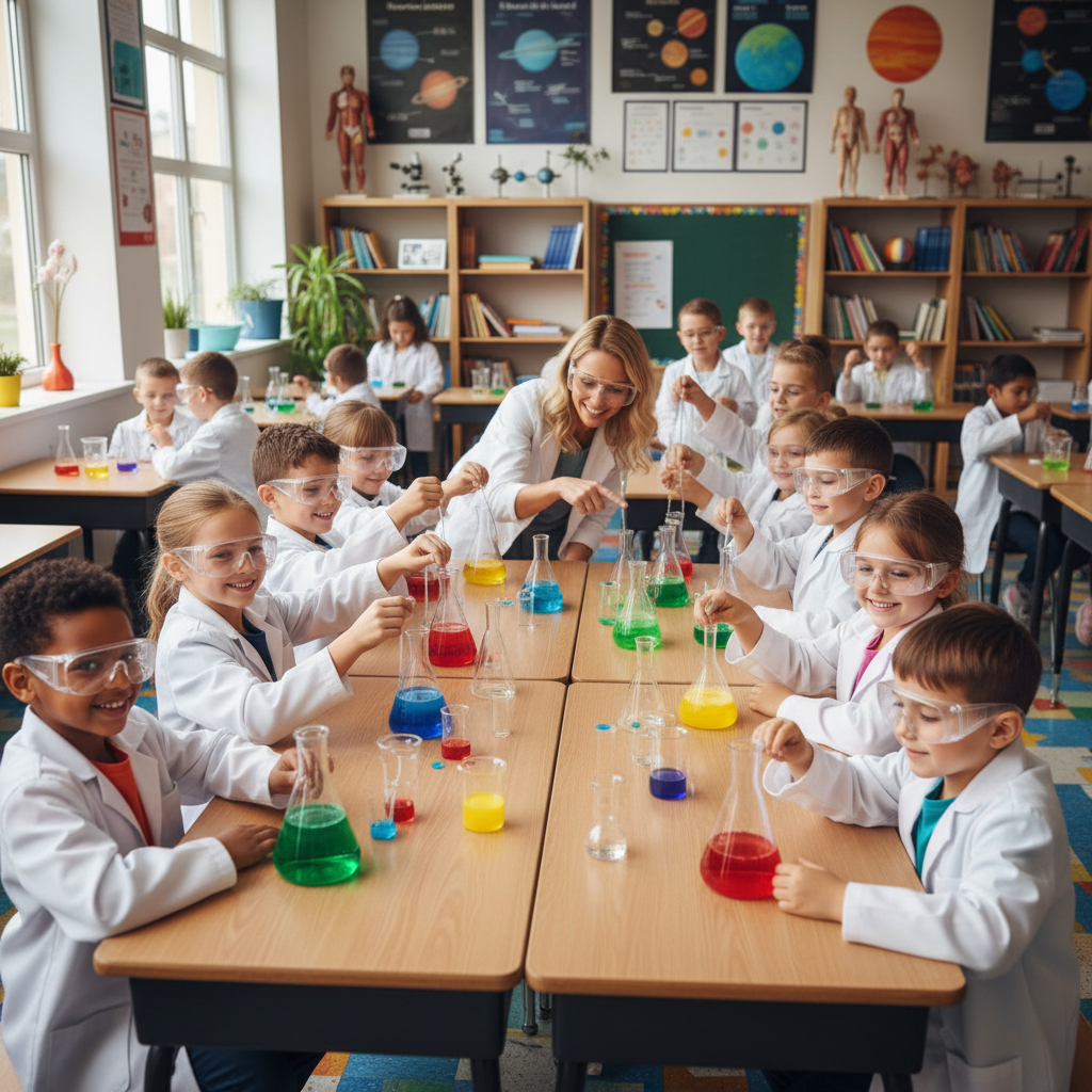 Grade 3 students doing a fun science experiment with colorful liquids